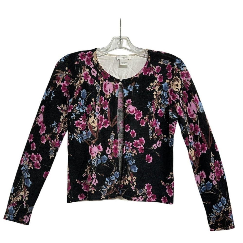 Kate Hill Cardigan Women Black Pink Blue Floral 100% Merino Wool Shabby Chic PS
